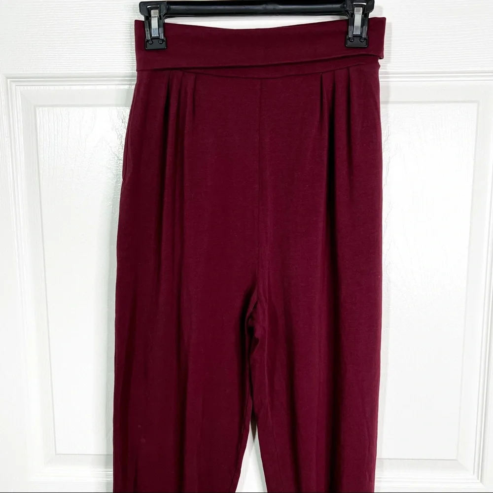 Hello Nite! Jersey Knit Wide Leg High Waisted Fold Down Jogger Pants Wine Sz S - Picture 2 of 6